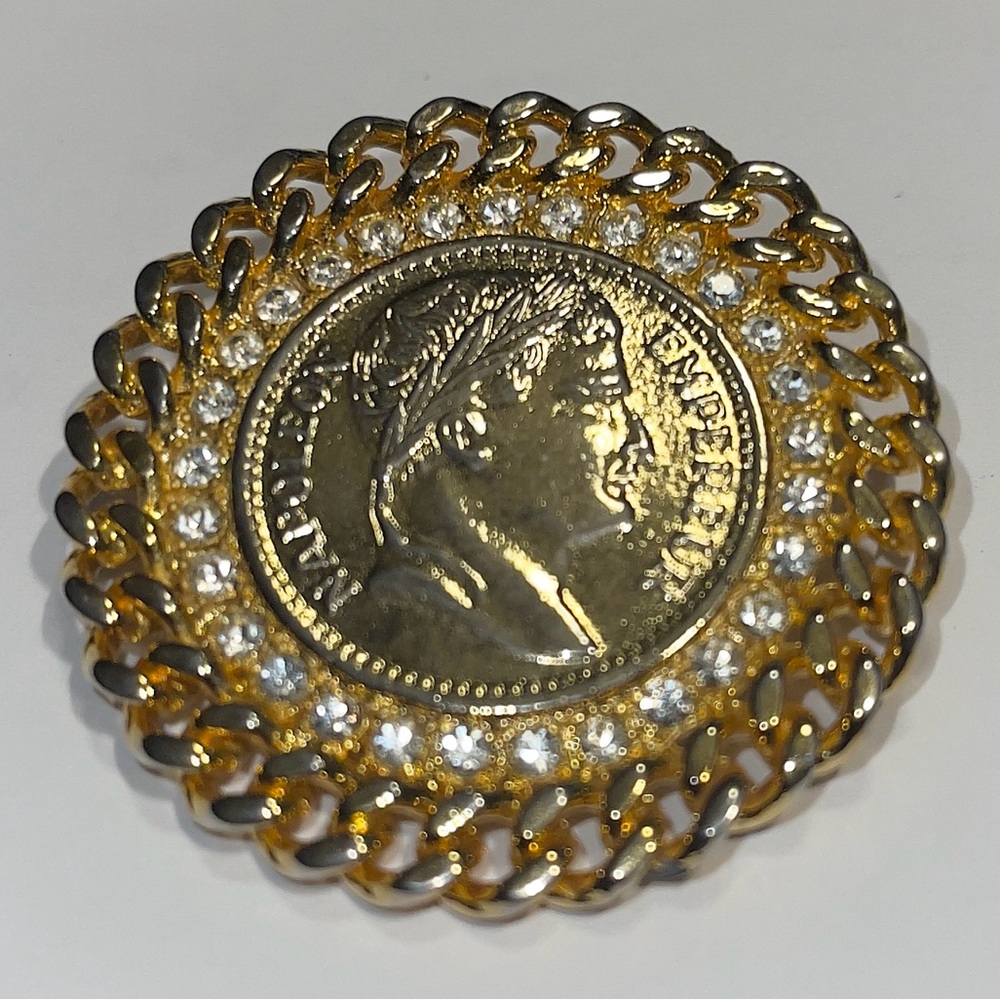 ✨Vintage 1980s Napoleon Coin Brooch with Rhinestones Gold-Tone Detailing✨